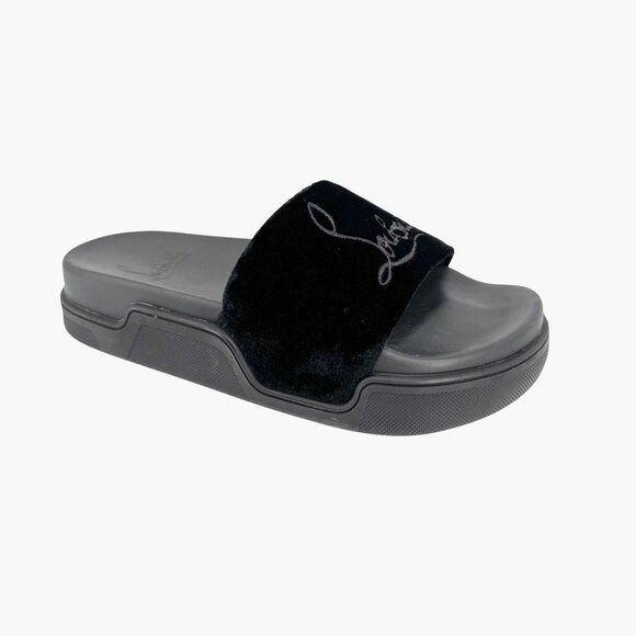 Christian Louboutin 'Navy Pool' Slide Sandals Size 37 US 7 Black Velvet Logo 30 - Picture 9 of 12